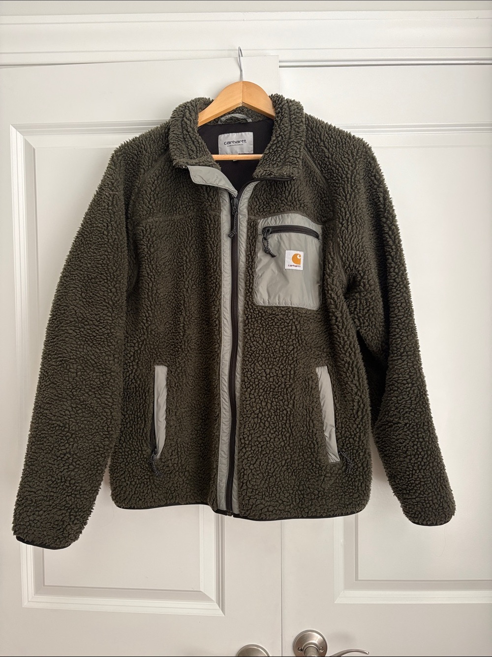 Carhartt Olive Green Sherpa Fleece Jacket with Gray Trim